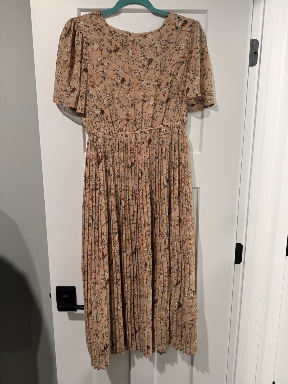 Pink Blush Pleated Floral Midi Dress in Beige
